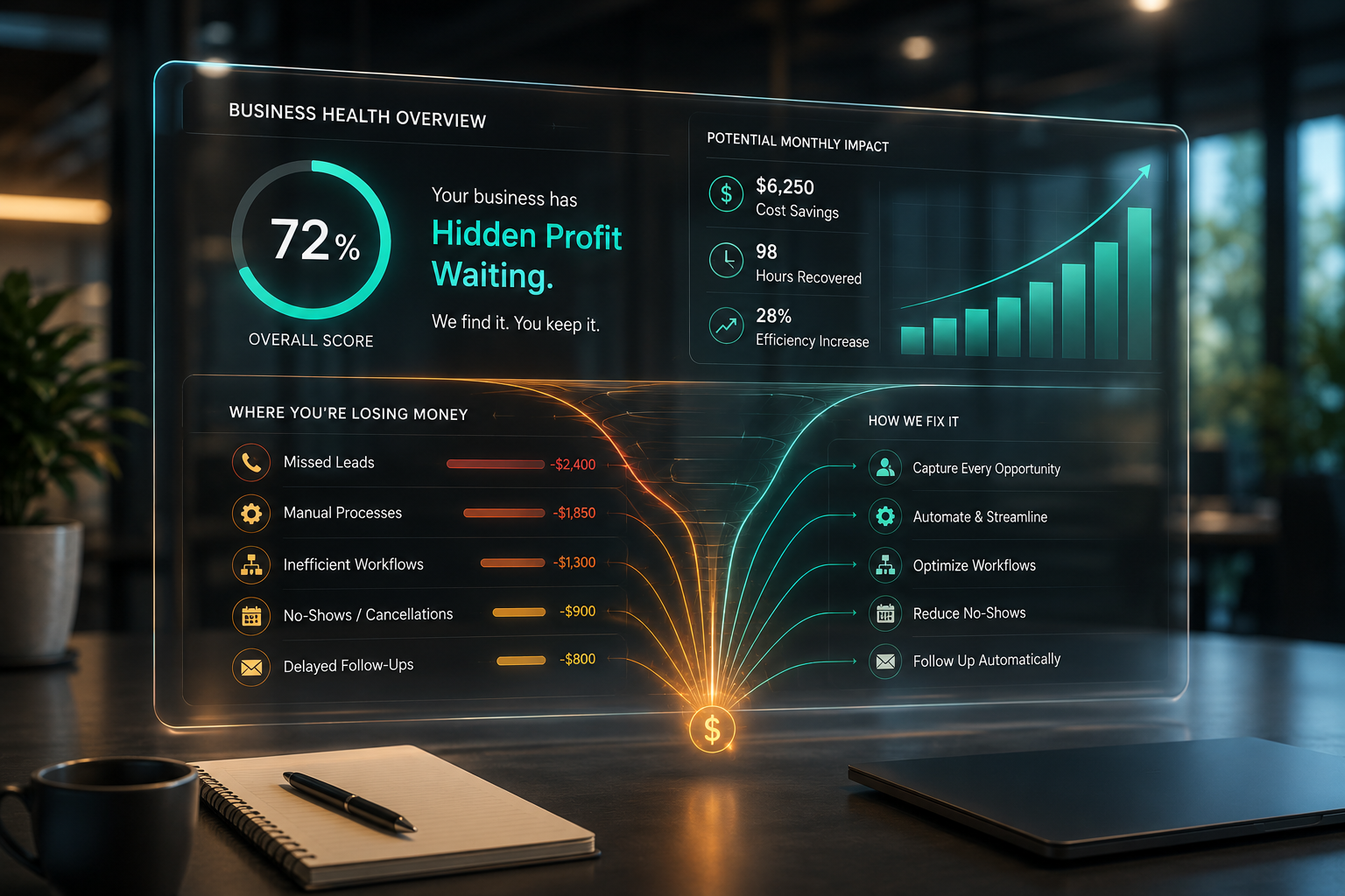 Business health overview dashboard showing hidden profit opportunities, cost savings, and efficiency metrics